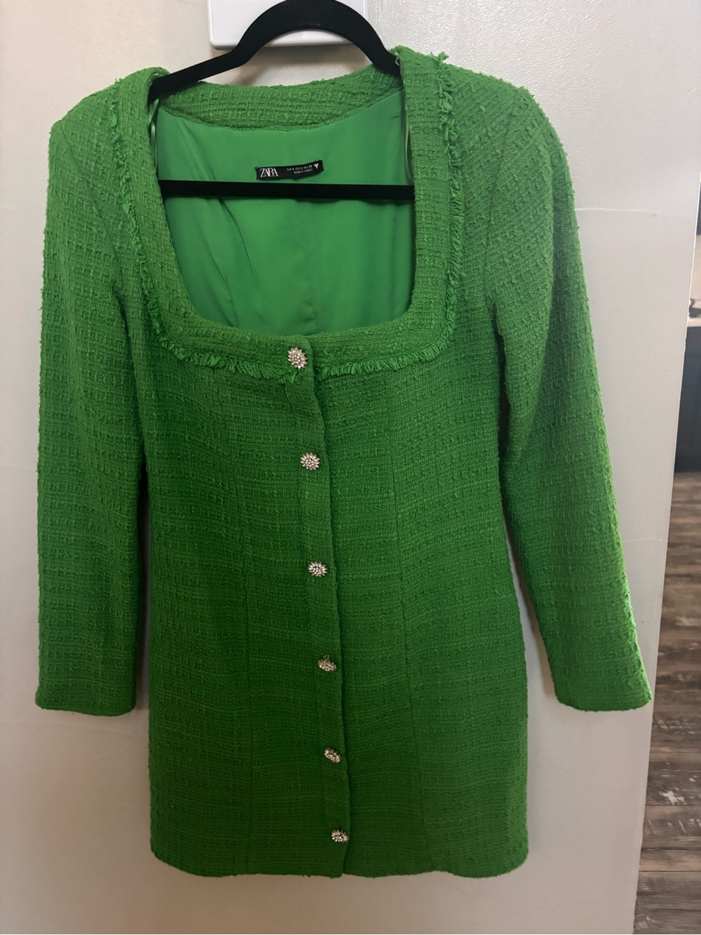 ZARA Bright Green Bouclรฉ Cardigan with Rhinestone Buttons